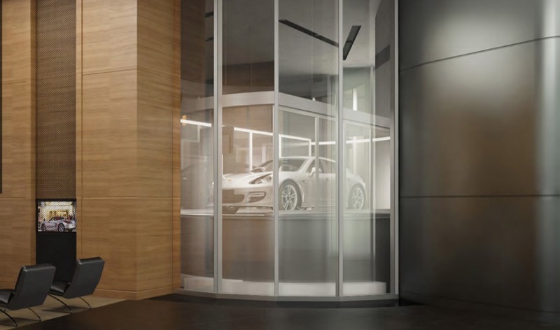 In this skyscraper, residents take the lift in their Porsche