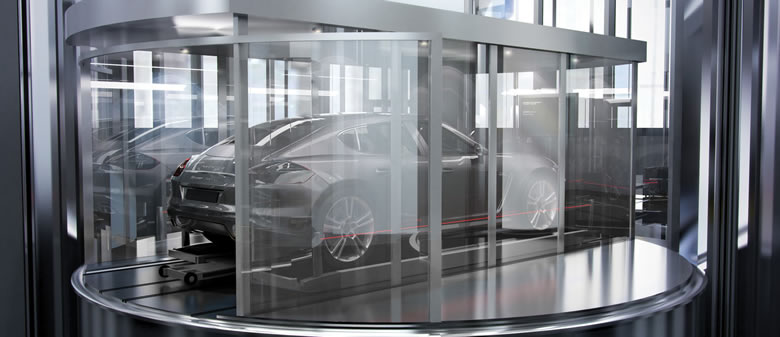 Car elevator at Porsche Design Tower in Sunny Isles Beach allows ownders to park their cars inside the unit