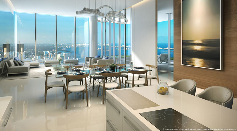 Rendering of living room and open kitche in Paramount Miami World Center